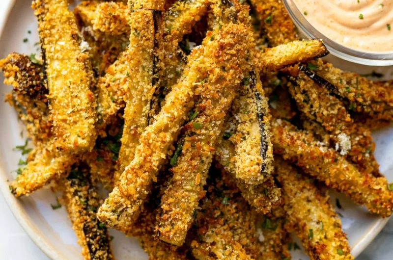 Plate of crispy eggplant fries served with dipping sauce