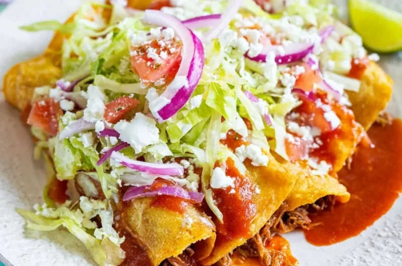 Crispy golden tacos with fresh toppings and vibrant colors
