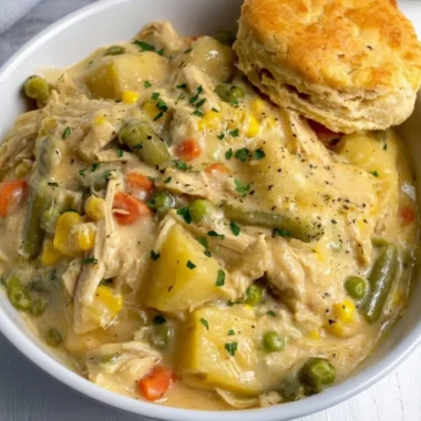 Delicious Crock Pot Chicken Pot Pie served in a bowl with fresh herbs