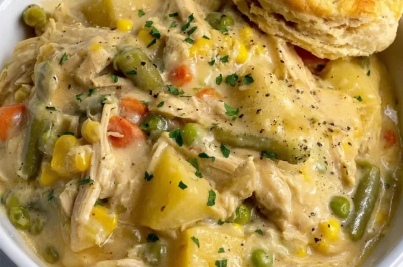Delicious Crock Pot Chicken Pot Pie served in a bowl with fresh herbs