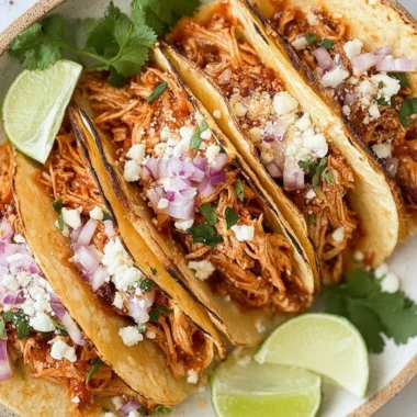 Delicious crockpot chicken tacos served on a plate with toppings.