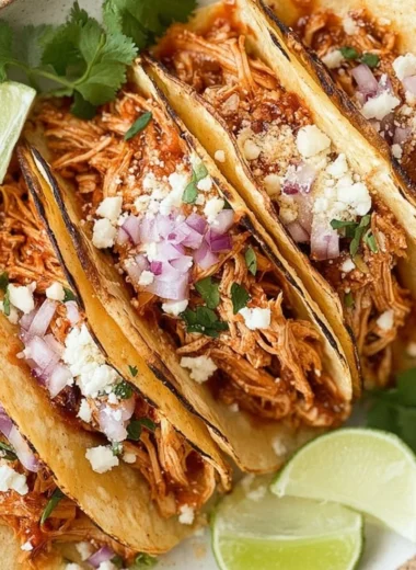 Delicious crockpot chicken tacos served on a plate with toppings.