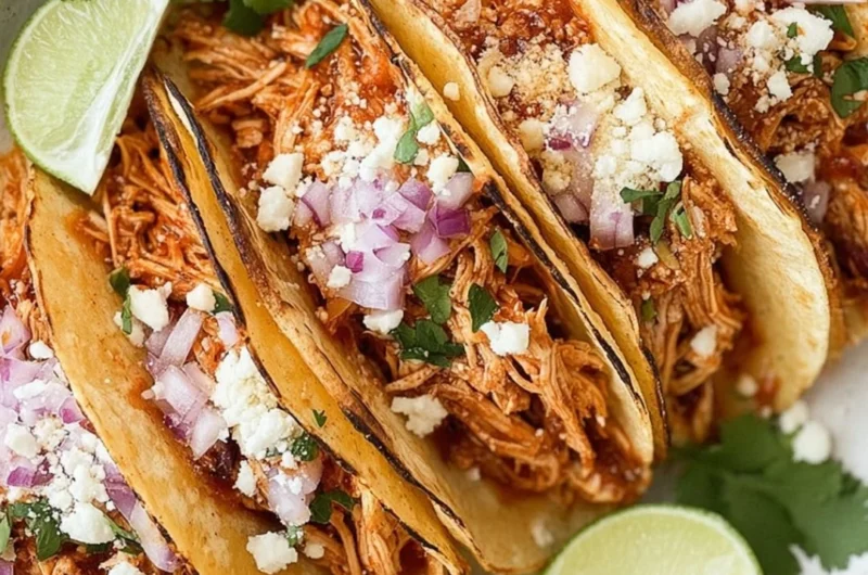 Delicious crockpot chicken tacos served on a plate with toppings.