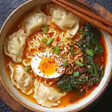 Delicious dumpling ramen bowl with dumplings, broth, and fresh toppings