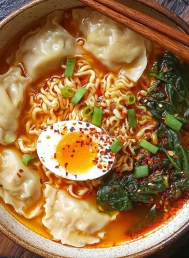 Delicious dumpling ramen bowl with dumplings, broth, and fresh toppings