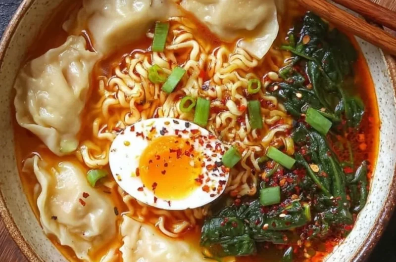 Delicious dumpling ramen bowl with dumplings, broth, and fresh toppings