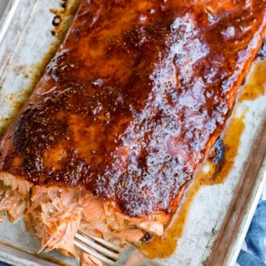 Delicious easy five ingredient baked salmon recipe on a plate.