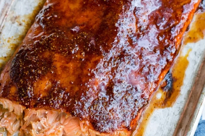 Delicious easy five ingredient baked salmon recipe on a plate.