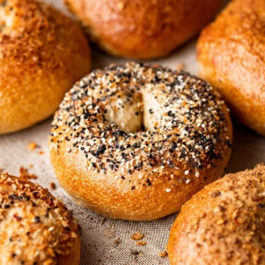 Freshly baked homemade bagels on a wooden table.