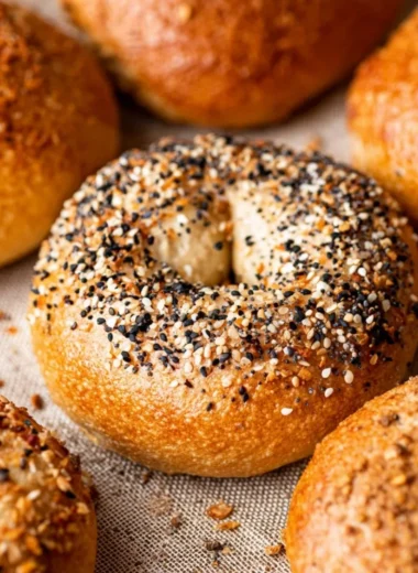 Freshly baked homemade bagels on a wooden table.