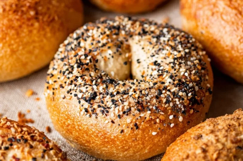 Freshly baked homemade bagels on a wooden table.