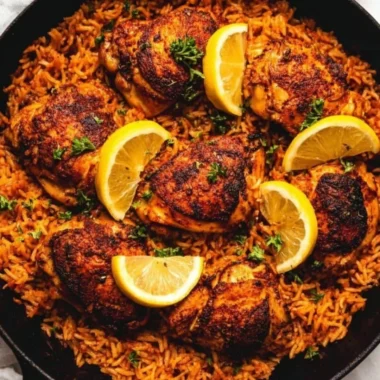 One pan Spanish chicken with rice garnished with fresh herbs and colorful vegetables.