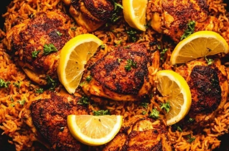 One pan Spanish chicken with rice garnished with fresh herbs and colorful vegetables.