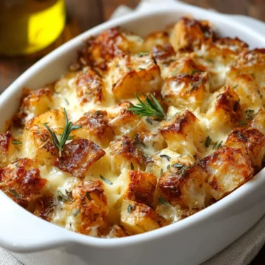 French Onion Potato Bake topped with melted cheese and fresh herbs in a dish