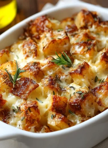 French Onion Potato Bake topped with melted cheese and fresh herbs in a dish