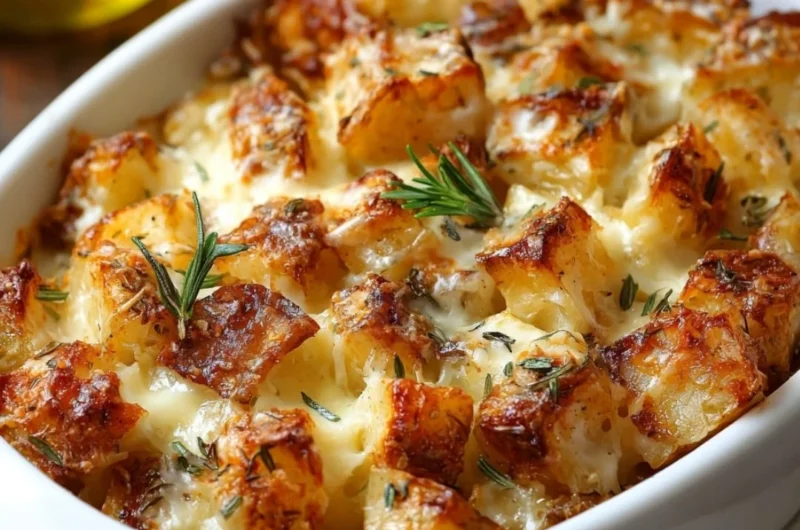 French Onion Potato Bake topped with melted cheese and fresh herbs in a dish