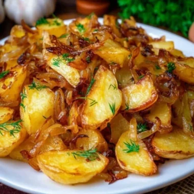 Fried potatoes and onions served on a plate, golden and crispy