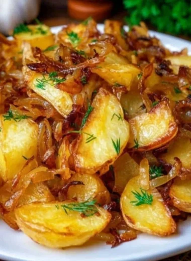 Fried potatoes and onions served on a plate, golden and crispy