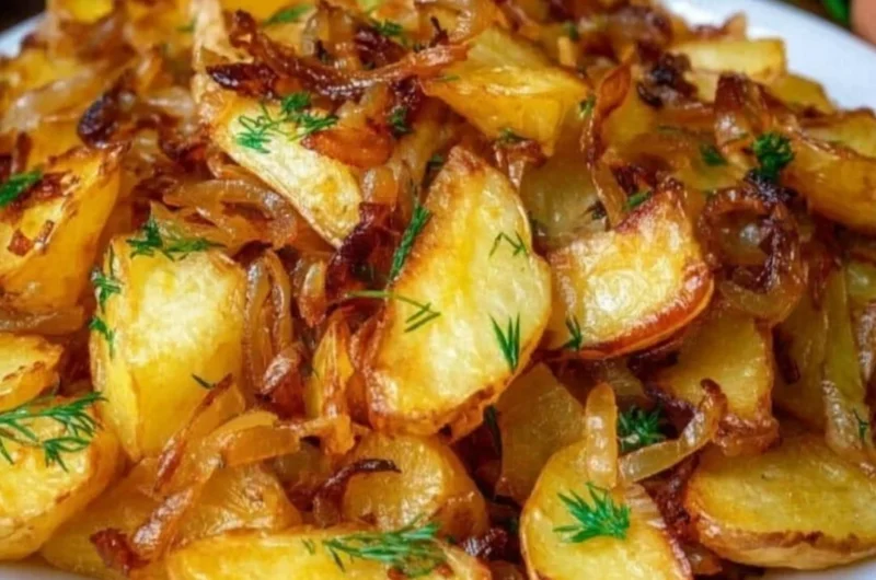 Fried potatoes and onions served on a plate, golden and crispy