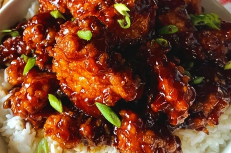 Delicious plate of General Tso's Chicken garnished with green onions