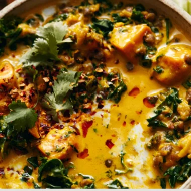 Gingered sweet potato and coconut milk stew in a bowl with fresh herbs