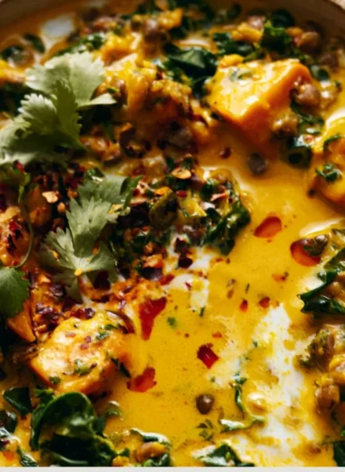 Gingered sweet potato and coconut milk stew in a bowl with fresh herbs