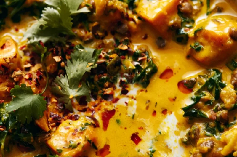 Gingered sweet potato and coconut milk stew in a bowl with fresh herbs