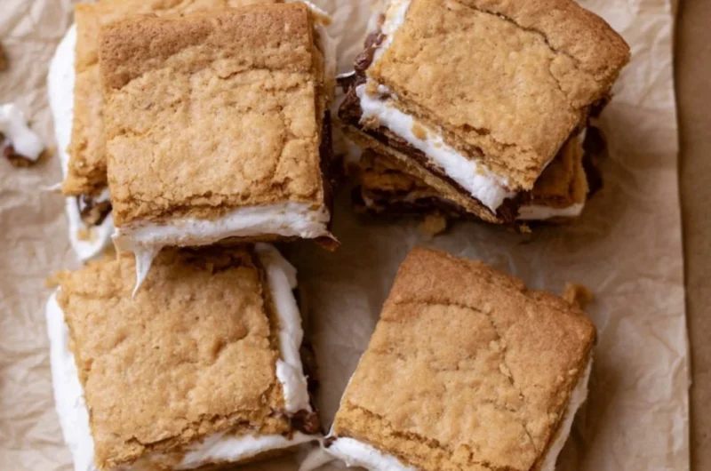 Delicious gooey S'mores Cookie Bars topped with chocolate and marshmallows.