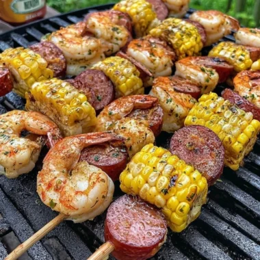 Delicious grilled seafood skewers featuring shrimp, fish, and vegetables on a grill.