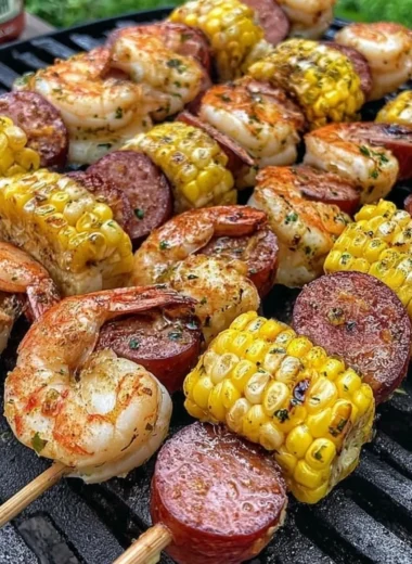 Delicious grilled seafood skewers featuring shrimp, fish, and vegetables on a grill.