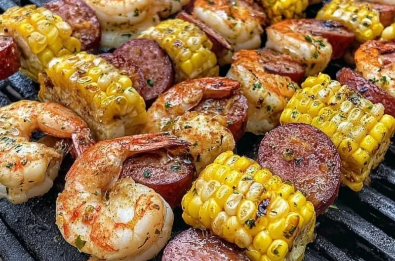 Delicious grilled seafood skewers featuring shrimp, fish, and vegetables on a grill.