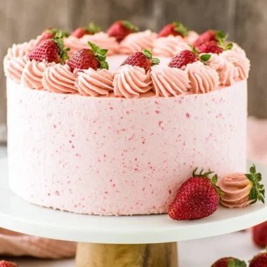 Delicious homemade strawberry cake topped with fresh strawberries and cream