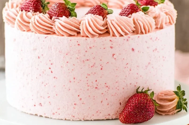 Delicious homemade strawberry cake topped with fresh strawberries and cream