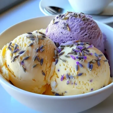 Delicious bowl of Lavender Honey Ice Cream with lavender sprigs