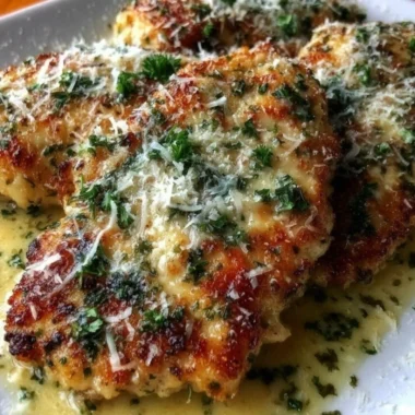 Plate of Lemon Chicken Romano garnished with herbs and lemon slices