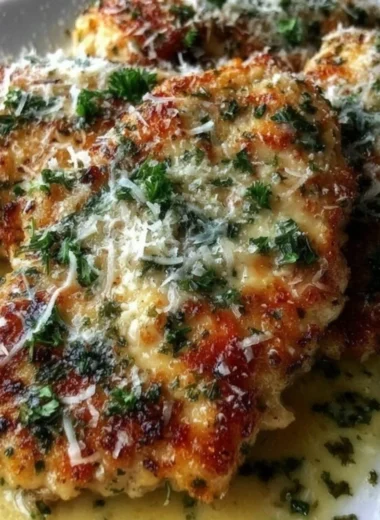 Plate of Lemon Chicken Romano garnished with herbs and lemon slices