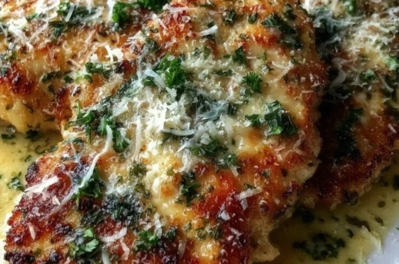 Plate of Lemon Chicken Romano garnished with herbs and lemon slices