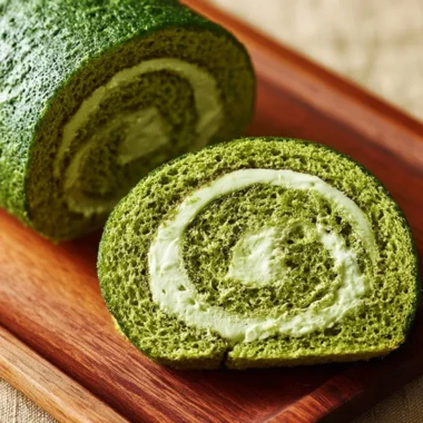 Delicious matcha roll cake showcasing vibrant green color and creamy filling.