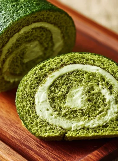 Delicious matcha roll cake showcasing vibrant green color and creamy filling.