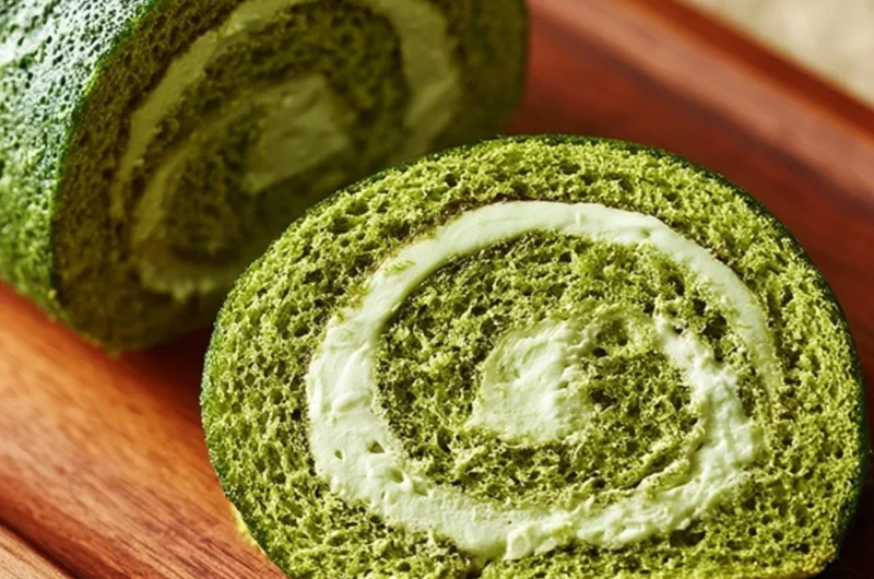 Delicious matcha roll cake showcasing vibrant green color and creamy filling.