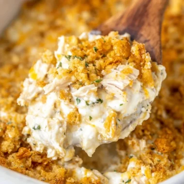 Creamy Million Dollar Chicken Casserole served in a baking dish.