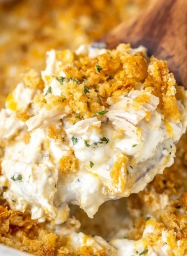 Creamy Million Dollar Chicken Casserole served in a baking dish.