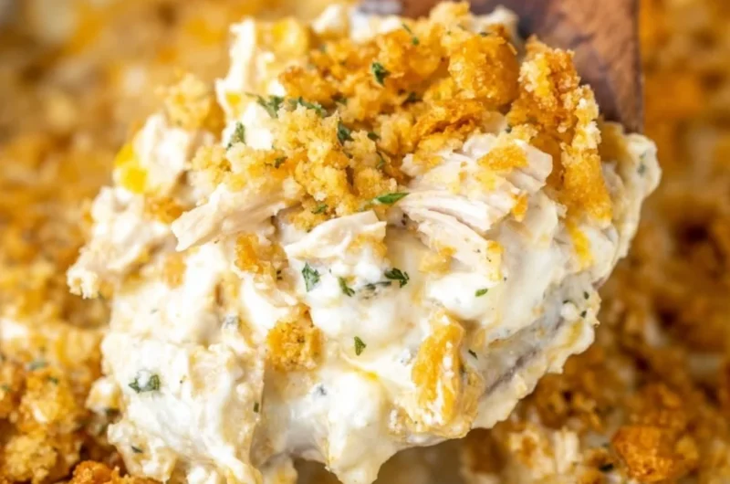 Creamy Million Dollar Chicken Casserole served in a baking dish.
