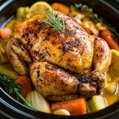 Moist and tender crockpot whole chicken seasoned with farmhouse herbs