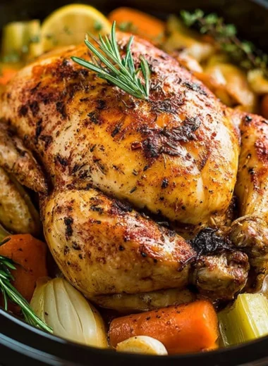 Moist and tender crockpot whole chicken seasoned with farmhouse herbs