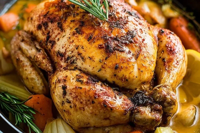 Moist and tender crockpot whole chicken seasoned with farmhouse herbs