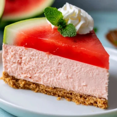 No-Bake Watermelon Cheesecake sliced and served on a plate