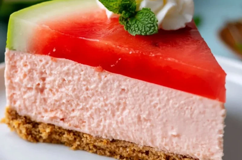 No-Bake Watermelon Cheesecake sliced and served on a plate