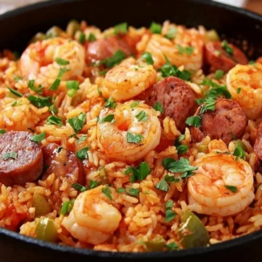 One Pot Shrimp and Sausage Jambalaya served in a rustic bowl with fresh herbs