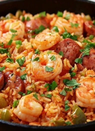 One Pot Shrimp and Sausage Jambalaya served in a rustic bowl with fresh herbs